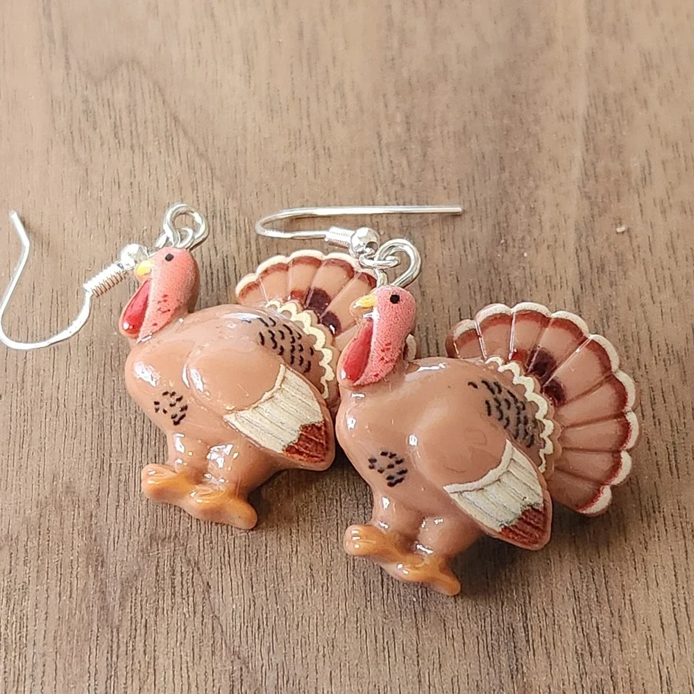 Thanksgiving Turkey Dangle Earrings Fall Autumn Holiday Novelty Resin Brown 1.5